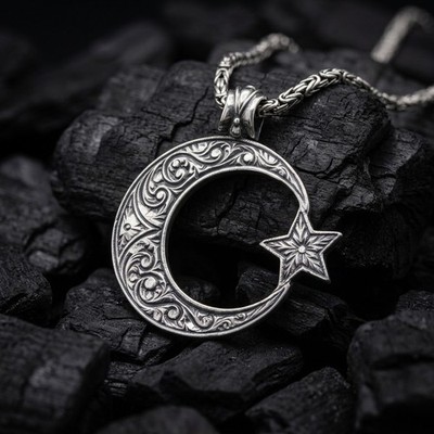 925 Sterling Silver Hand Engraved Crescent Moon Star Pendant Byzantine Necklace