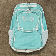 NFINITY Infinity Cheer Backpack Aqua Cyan Blue White Bedazzled Logo Cheerleading