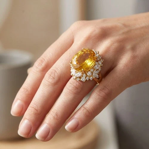 Charming Golden Yellow Citrine 20.40Ct 925 Sterling Silver 24K Gold Floral Rings