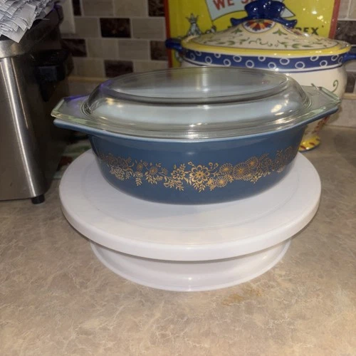 Vintage Pyrex Casserole With Lid 043 Dark Blue Golden Bouquet 1.5 Qt EUC