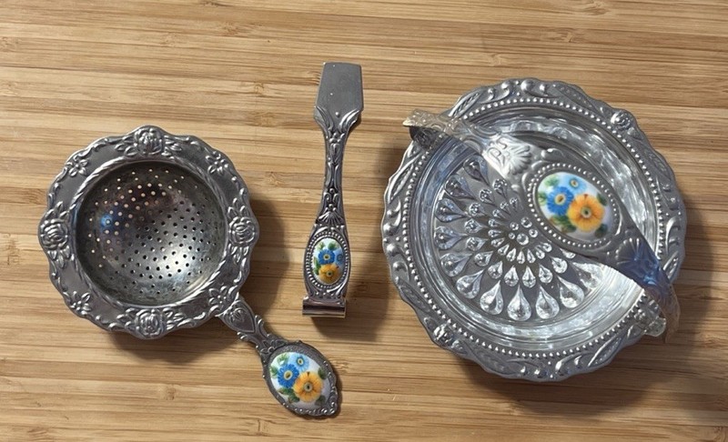 SS Basket W/Glass Insert Porcelain Floral Handles, Tea Strainer & Sugar Tongs