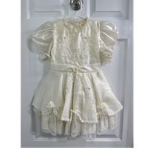 Vintage Ivory Lace Satin Dress Puff Sleeves First Communion Flower Girl 4