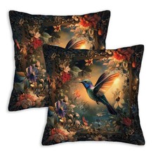 Vintage Hummingbird Dark Floral Throw Pillow Covers 18x18 Set of 2, Painterly...