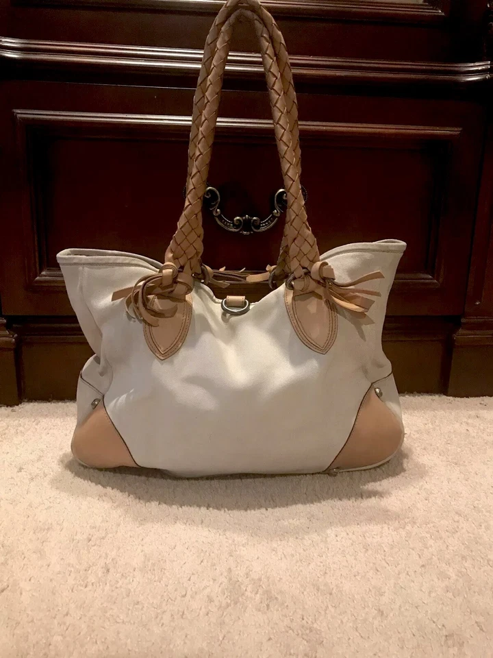 Bolso de Mano Italiano Grande de Gamuza FALOR Taupe Claro con Correas Trenzadas Tostadas Cartera Foto 2 de 4