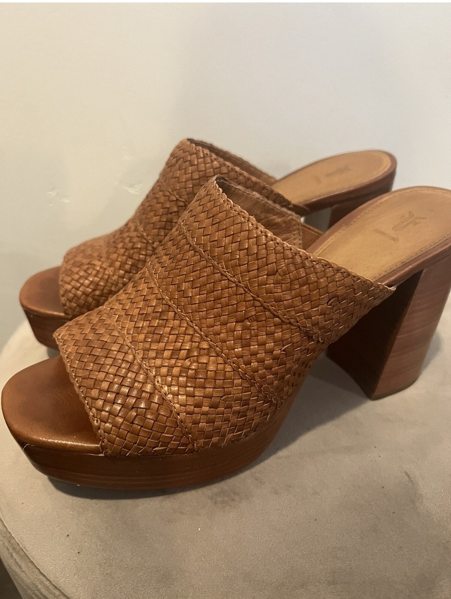 frye Sz Clog heels 70’s Boho Mule Open Toe Wedge Brown Leather Weave  Platform