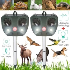 2Pack Solar Ultrasonic Animal Repeller w/LED 5Mode Pest Cat Dog Mice Deer Sensor