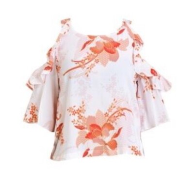 Minkpink Yoko Cold Shoulder Orange Red and White Floral Ruffle Top - Size XS