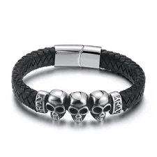 Skulls Bracelet Stainless Steel Biker Punk Goth Leather Mens Ginger Lyne Coll...