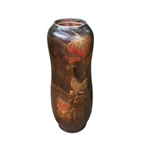 Japanese Vintage Wood Flower Vase Ikebana Maki-e Bird and Leaves with Insert