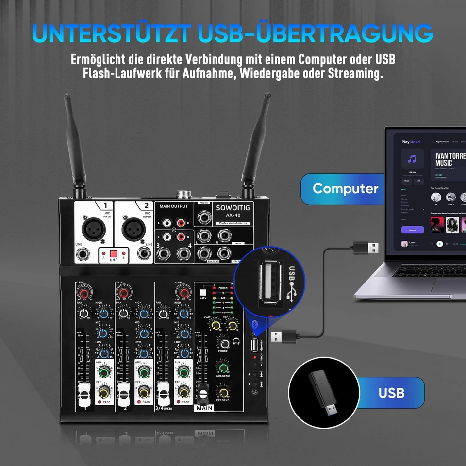 SOWOITIG Karaoke Mischpult mit 2 kabellosen Mikrofonen, 4-Kanal Audio Mixer D... - Bild 2 von 4