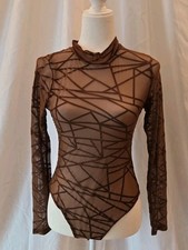 Fashion Nova Women's Heartless Mesh Long Sleeve Bodysuit Brown, Sheer, Large