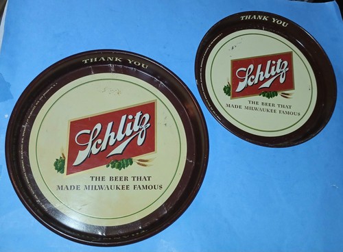 2 Vintage 1950’s Schlitz Metal Beer Tray Milwaukee Famous Man Cave 13" & 11.75"