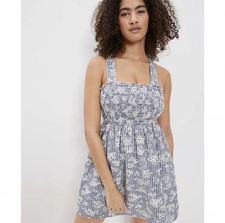 American Eagle Blue & White Floral Gingham Smocked Sleeveless Mini Dress XL