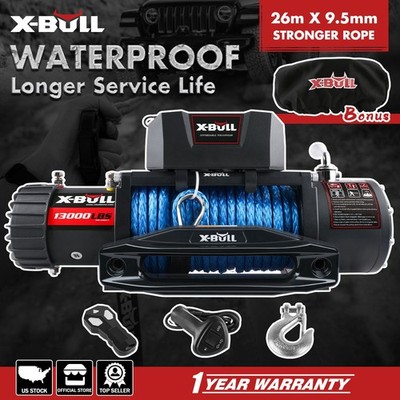 X-BULL Electric Winch with Cover 13000lb 12V Synthetic Rope Truck Towing 4WD