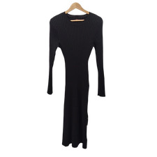 Quince Women Cotton Cashmere Ribbed Long Sleeve Crew Midi Dress Black XS
