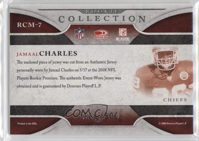 2008 Donruss Threads Rookie Collection Materials /500 Jamaal Charles #RCM-7 RC - Image 2 of 2