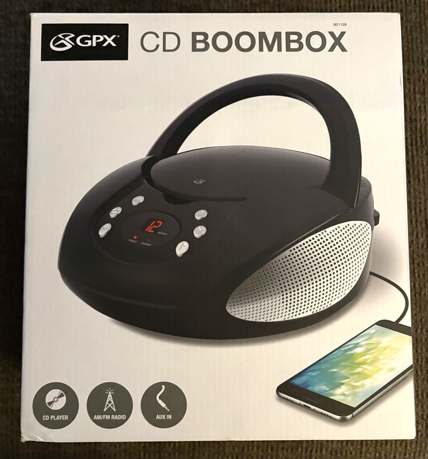 New in Box GPX BC112B CD Boombox AM/FM Radio Black Gray 3.5mm Aux Line-In