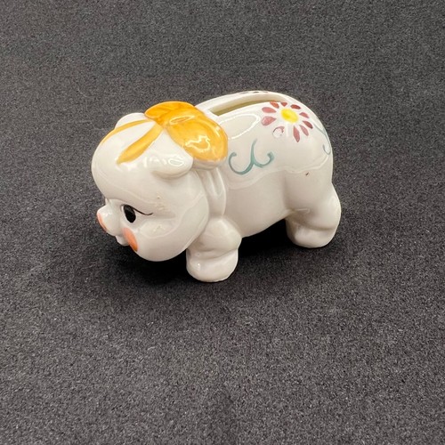 Vtg Lefton Style Ceramic Piggy Bank Yellow Bow Floral Japan Red Stamp No Stopper