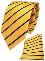 Tigertie Seidenkrawatte + Seideneinstecktuch In Gelb Blau Dunkelblau Gestreift