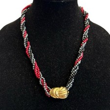 VTG Maroon Red Black Lucite Beaded Multiple Strand Twisted Necklace Gold Clasp