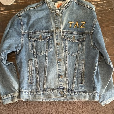 Looney Tunes Men's Blue Taz Embroidered Denim Jacket Button Front Pockets