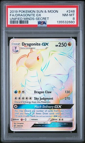 2019 POKEMON SUN & MOON UNIFIED MINDS SECRET #248 FULL ART/DRAGONITE GX PSA 8