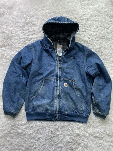 VTG CARHARTT J139 DST blanket lined hooded denim work jacket LARGE 90s 2000 - product listing photo
