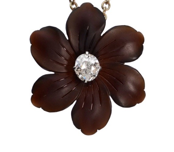 Agate Diamond Platinum Carved Flower Pendant Irene Neuwirth Style Necklace