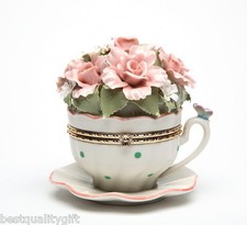 NEW PORCELAIN FLOWER CUP HINGE BOX "EVERYTHING IS BEAUTIFUL" MUSIC BOX - 8004