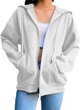 Women's Sport Drawstring Hoodies Zip-Up Loose Fit Sweatshirt Coat Tops Wht S
