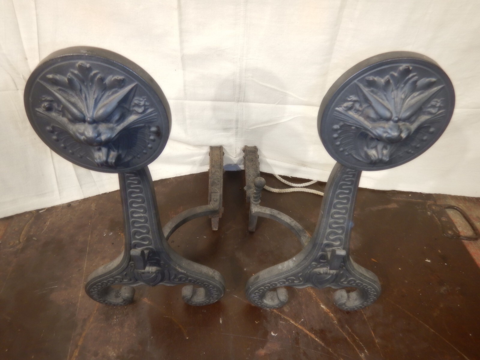 Antique Art Nouveau Gothic Dragon Bradley Hubbard Cast Iron Fireplace Andirons 