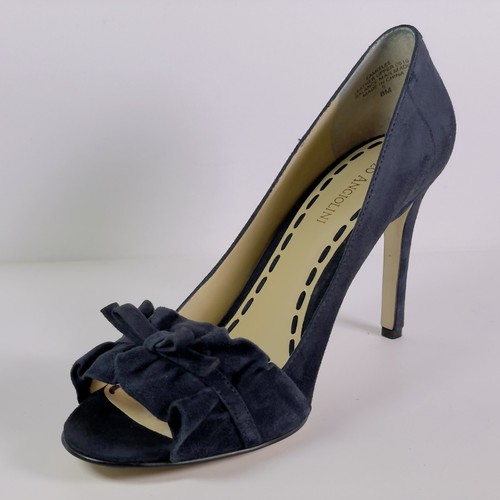 Enzo Size 8 M Angiolini Eamielee Peep Toe Ruffle Bow Blue Suede Leather Heels - Picture 3 of 15