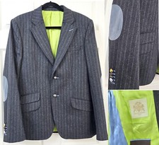 Giacca blazer CIRCLE OF GENTLEMENS grigio a righe EU 48 UK 38 misto lana toppa gomito