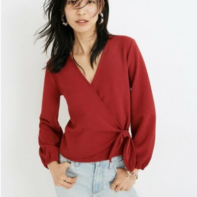 Madewell Texture & Thread Crepe Wrap tie Crimson red blouse Top Size XS