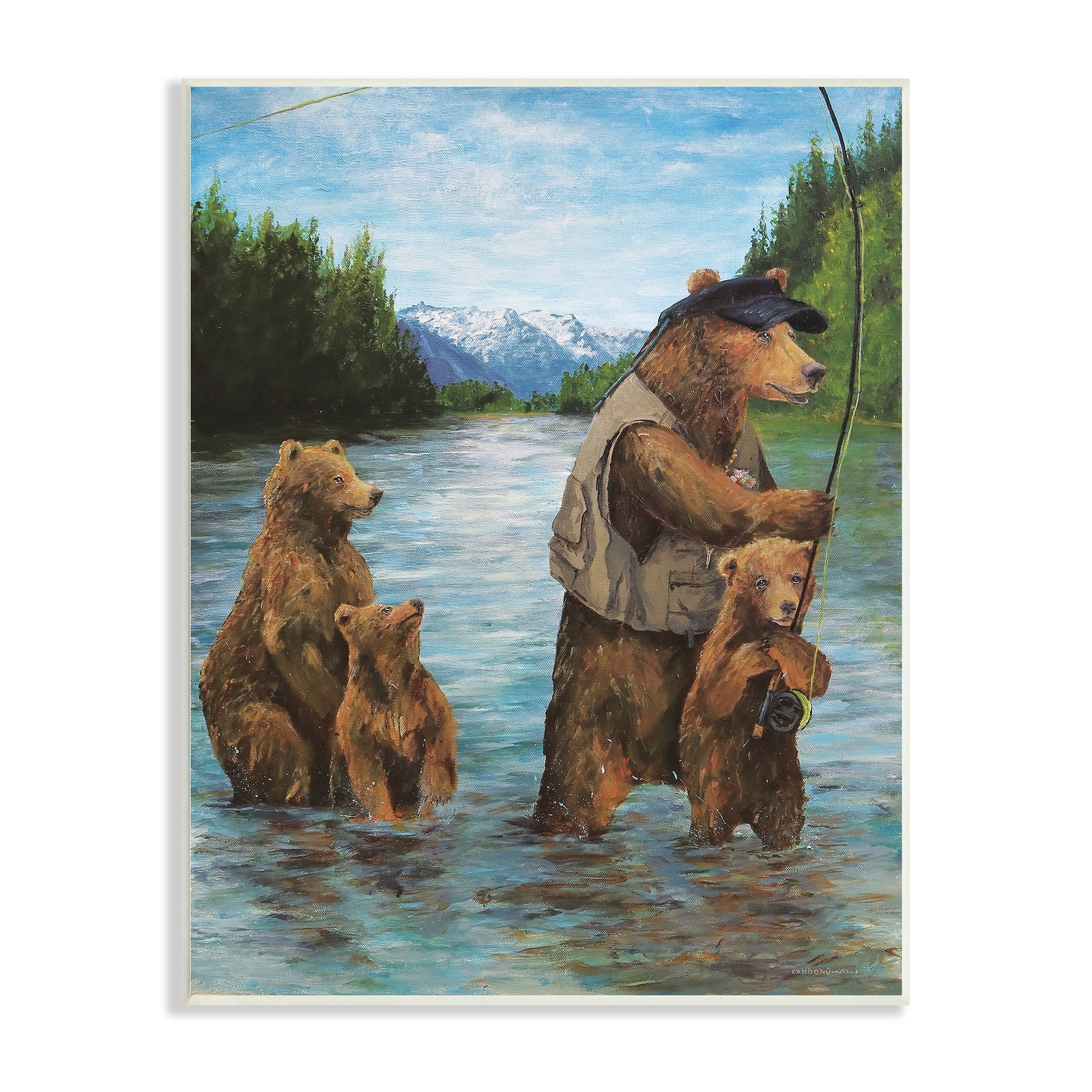 Stunning Brown Grizzly Bear Family Fishing Mountain Lake Wood Wall Art by Stupell