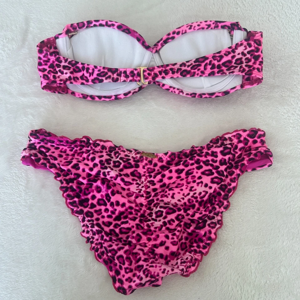 Luli Fama Bikini Pink Leopard Bandeau Push Up Top Ruched Brazilian Bottom - Image 4 of 4