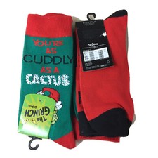Grinch Cuddly Cactus 2 Pair Pack Unisex Novelty Crew Socks Size 6-12 New AR334