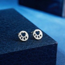 Cute New Silver Round Circle Cutout Animal Dog or Cat Paw Print Stud Earrings