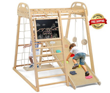 8-in-1 Indoor Jungle Gym Wooden Playground Play Set Climb Set for Kids 2-6 Years