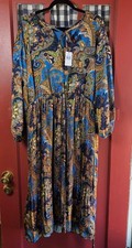 Tahari Women's Blue Multicolor Paisley Print Long Sleeve Maxi Dress Size L NWT