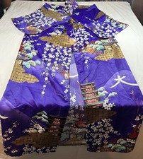   Vintage Japanese Kimono Robe  Purple Floral Pagoda Print L  