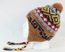 Colorful Soft Alpaca Chullo Brown Beanie Pom Pom Earflap Unisex Handmade Boho