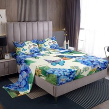 Spring Flower Queen Size Sheet Sets Blue Butterfly Sheets, Wild Humming Bird ...