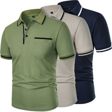 Men's Short Sleeve Polo Shirt Casual Button Collar Pocket Plain T-Shirt S-3XL