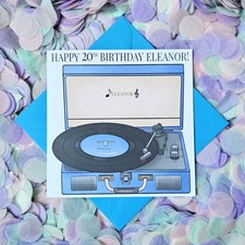 Fun, illustrated personalised light blue Vinyl Record Player Birthday card