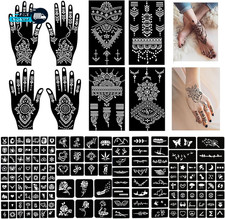 Pack of 12 Henna Temporary Tattoo Stencil Kit - 145Pcs Glitter Airbrush Tattoo