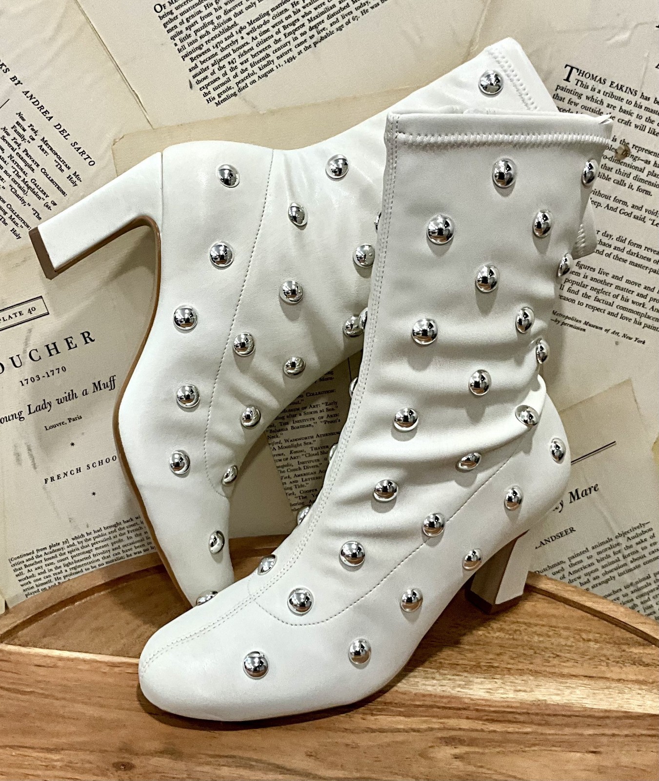 Anthropologie Maeve Studded Stretch Ankle Boots Ivory Cream Silver 37/ 6-6.5 NIB