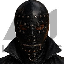 Leather Mask Studded Full Face Hood Zipper Mouth Halloween Gothic Cosplay