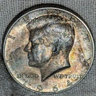 1964 D Kennedy Half Dollar AU BU : Rainbow Tone, Lustrous Rev - .9 Fine Silver