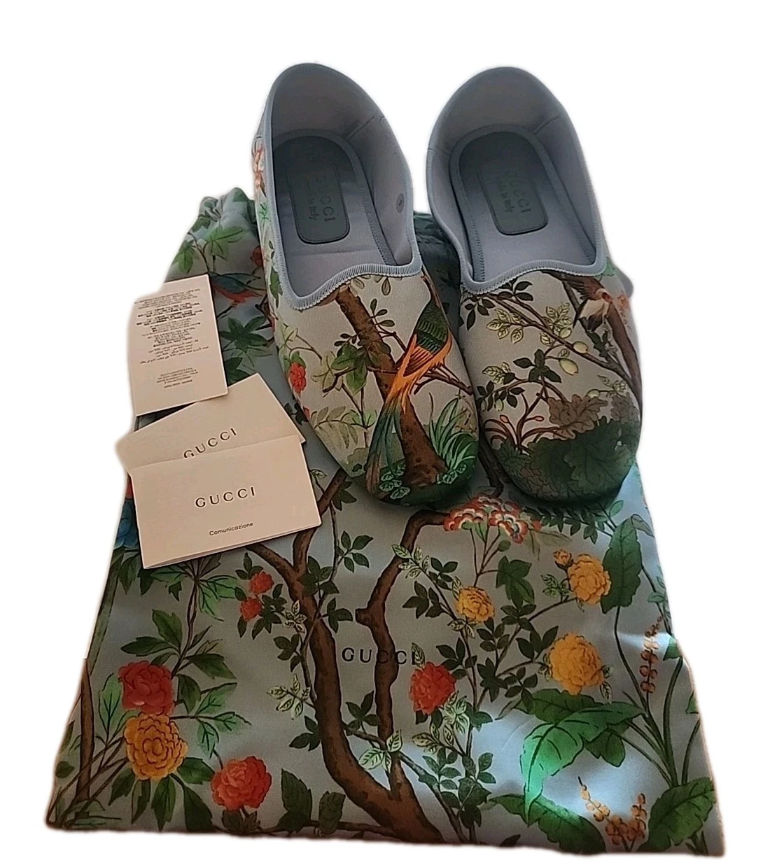 CHAUSSURES GUCCI ECO TIAN PRINT LT BLEU SATIN PANTOUFLES PLATES 9 US